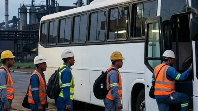 Cuatro trabajadores con equipo de seguridad junto a la puerta abierta de un autobús, frente a una planta industrial.