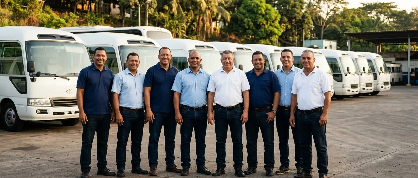 Ocho choferes de la cooperativa sonríen frente a una fila de minibuses blancos.