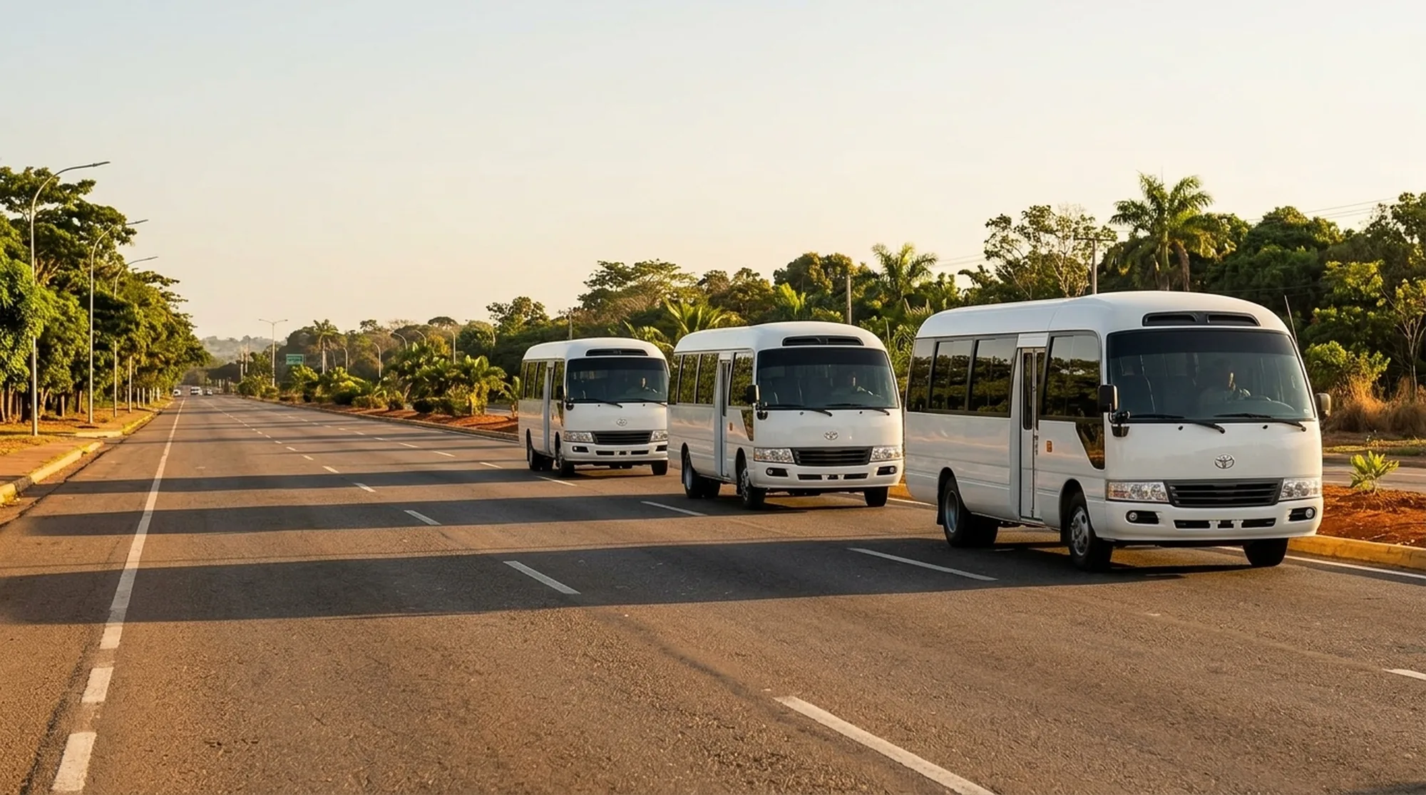Tres minibuses blancos circulan por una avenida arbolada de Puerto Ordaz al amanecer.